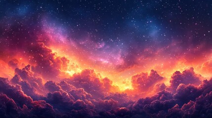 Naklejka premium A vibrant cosmic scene with colorful clouds and a starry sky, evoking wonder and exploration.