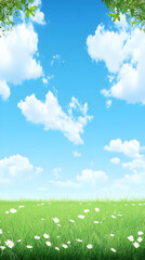 Obraz premium Spring Meadow Illustration: Green Grass, Daisies, Blue Sky