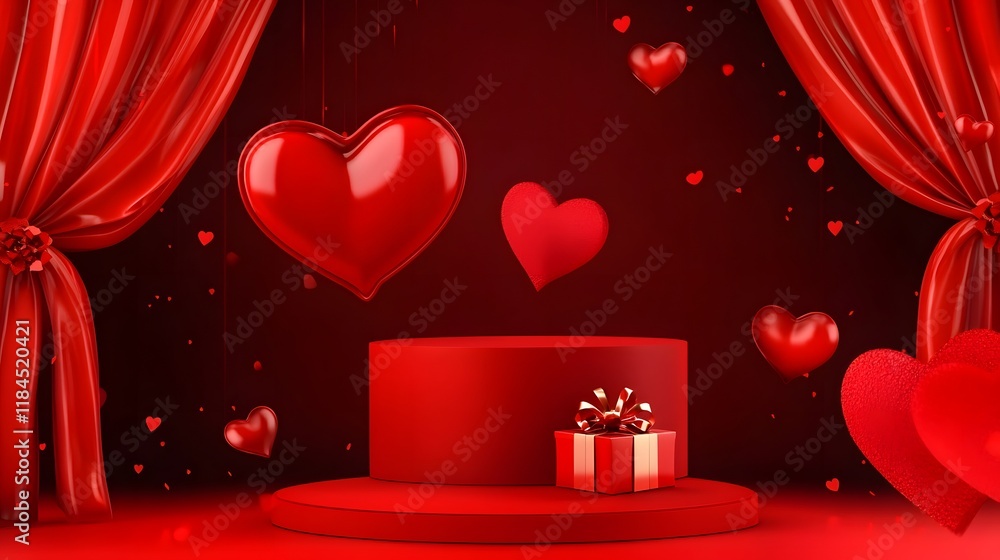 Poster minimalist valentine s day podium with red hearts for product brand or item showcase romantic and el