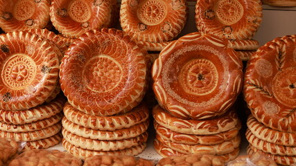 Central Asia bread, called generally non or lepeshka from tandyr and sell in the market of bishkek