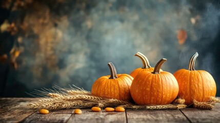 Vibrant pumpkins and golden wheat harvest on rustic wooden table