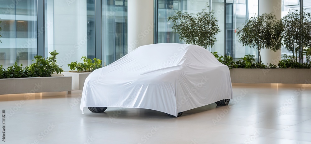 Poster covered car display in modern indoor setting with stylish design elements