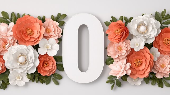 White number zero surrounded by coral and white paper flowers.