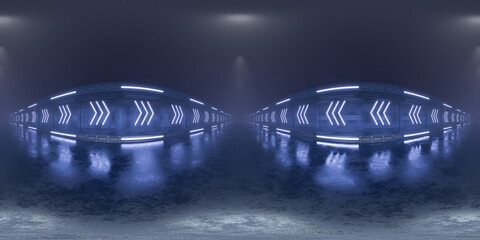 Neon club. Interior of a concrete exhibition hall, panorama. Futuristic room virtual reality map. Spherical hdri panorama 360 degrees in the interior of a dark garage, warehouse, corridor. 3d render