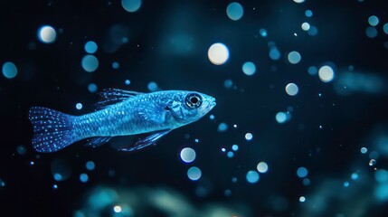 Fototapeta premium Vibrant blue fish swimming underwater with bubbles in a dark ocean environment