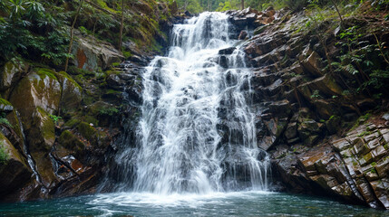 Fototapeta premium Scenic waterfall cascading over rocky cliffs into a pool of water, surrounded by lush green vegetation. Illustrates natural beauty and serene landscapes.