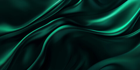 Obraz premium Dark emerald and teal silk fabric background. Smooth satin drapery folds, shimmering with light and shadow play. Elegant blank design.