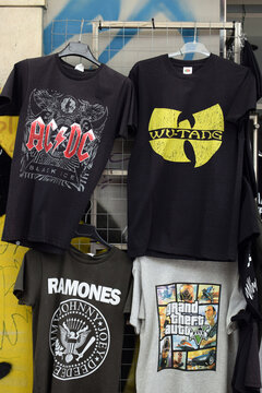 rock and hip hop music band t-shirts logos ramones ac/dc wu-tang clan and video game grand theft auto