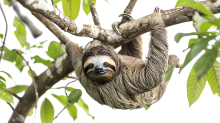 A sloth hanging from a tree branch, isolated on white, cut out 