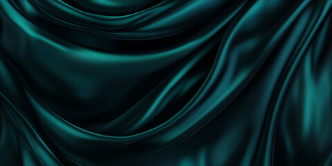 Obraz premium Dark emerald and teal silk fabric background. Smooth satin drapery folds, shimmering with light and shadow play. Elegant blank design.