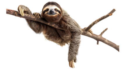A sloth hanging from a tree branch, isolated on white, cut out 