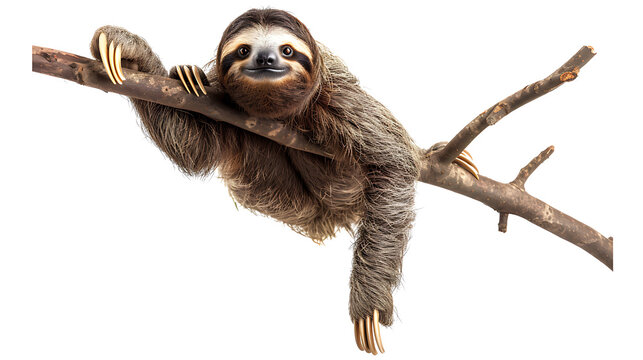 A sloth hanging from a tree branch, isolated on white, cut out 
