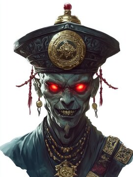 The Crimson-Eyed Emperor, An Ancient Undead Monarch, Clad in Imperial Regalia, Gazing With Sinister Intent From Beyond the Grave