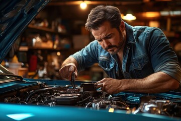 Male car mechanic inspecting engine of classic muscle car in garage