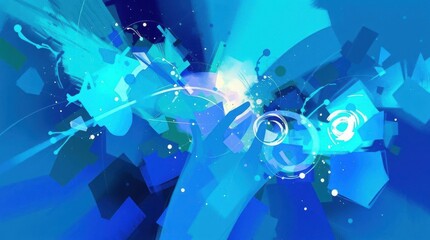Dynamic blue abstract background with geometric shapes and glowing light effects
