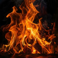 A close-up of a blazing fire with vibrant flames, flickering against a black background, creating a dramatic contrast and glowing warmth