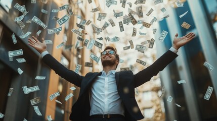 Celebrating financial success businessman in city with money falling urban environment inspirational concept