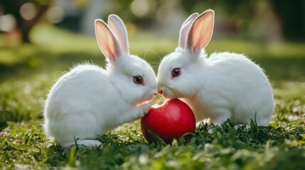 Fototapeta premium Two adorable white rabbits sharing a red apple in a lush green garden