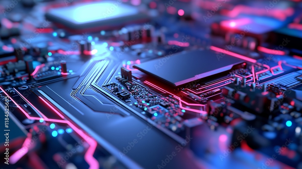 Poster close-up of advanced circuit board with neon lighting for technology presentation.