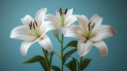 Fototapeta premium White Lilies on Blue Background, Graceful Floral Arrangement with Copy Space