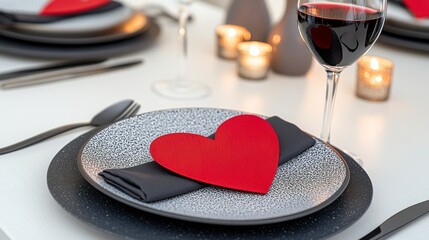 Romantic Dinner Table Setting with Heart Shape and Red Wine