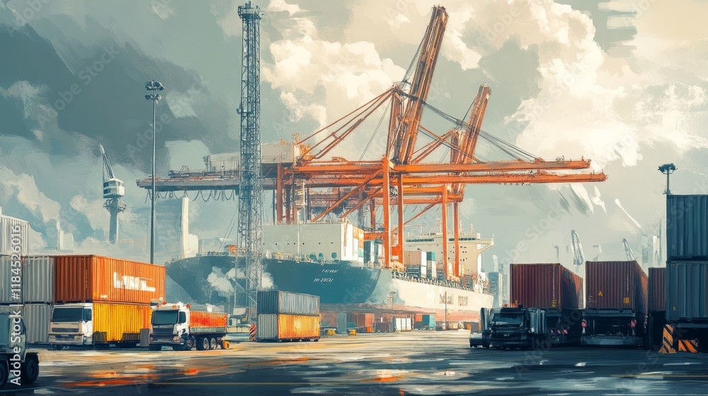 Poster cargo ship unloading operations at industrial port urban environment dynamic scene with heavy machin