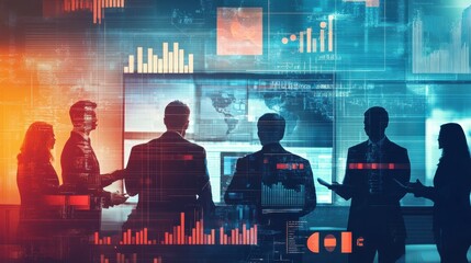 Silhouetted Business Team Analyzing Data on Futuristic Screens