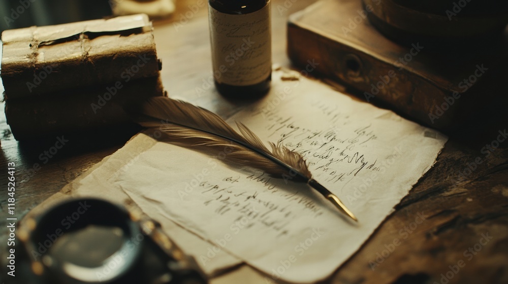 Poster Calligraphy tools displayed on a rustic wooden desk with a feather quill ready for elegant writing tasks. Generative AI