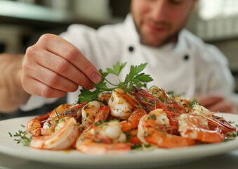 chef with a plate of prawns