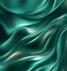 Obraz premium Dark jade green satin fabric background. Soft, flowing waves with shimmering highlights and gradient shadow effects. Elegant blank template.