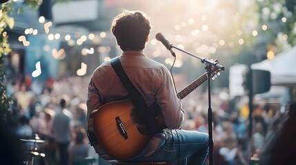 Fototapeta premium Musician Performs Acoustic Guitar Song For Crowd