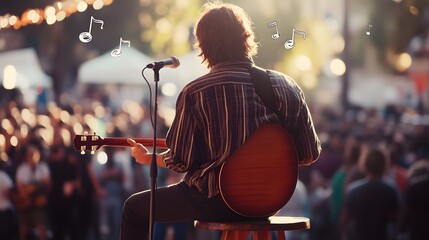 Fototapeta premium Musician Performs Acoustic Guitar Song For Crowd