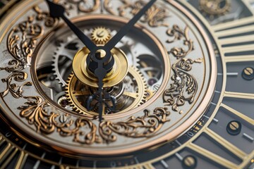 Obraz premium Close-up of Ornate Vintage Clockwork Mechanism with Intricate Gold Gears, Antique Steampunk Timepiece Movement Detail, Luxury Watch Engineering, Precision Craftsmanship