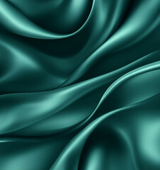 Fototapeta premium Dark jade green satin fabric background. Soft, flowing waves with shimmering highlights and gradient shadow effects. Elegant blank template.