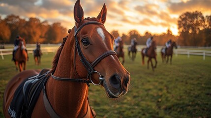 Obraz premium A close-up of a horse with riders in the background during a sunset.