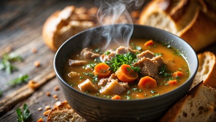 A steaming bowl of savory soup with carrots and herbs, surrounded by fresh bread, creating a warm and inviting meal setting.