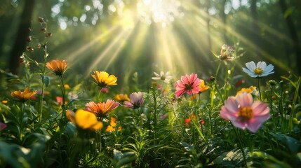 Obraz premium Vibrant Wildflowers in Serene Meadow with Sunbeams Shining Through Lush Foliage