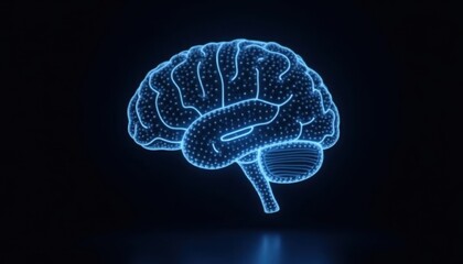 Futuristic digital brain hologram in neon blue light on dark background