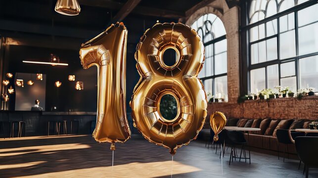 Shiny golden balloons spell out "18," highlighting a festive birthday celebration in a modern venue.
