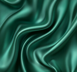 Dark jade sea green silk background. Smooth drapery with a shimmering metallic finish and shadowed gradients. Blank template.