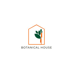 ILLUSTRATION BOTANICAL HOUSE, LEAF NATURE. ECO ELEMENT LOGO ICON ORANGE GREEN COLOR DESIGN VECTOR FOR YOUR BRAND, BUSINESS