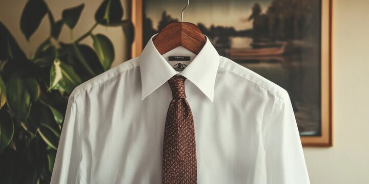 Button-up shirt mockup styled with a tie and displayed on a classic wooden hanger
