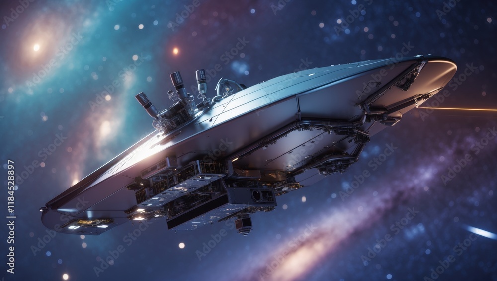 Poster a futuristic spaceship navigating through a vibrant galaxy filled with stars and cosmic elements.