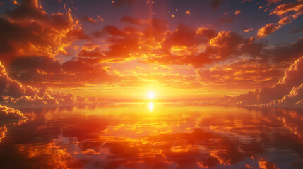 Fototapeta premium A breathtaking sunset with vibrant colors, casting a golden glow over the tranquil ocean horizon, creating a peaceful atmosphere