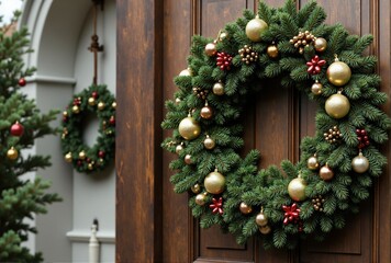 Christmas Wreath with Gold and Bronze Ornaments on Wooden Door
