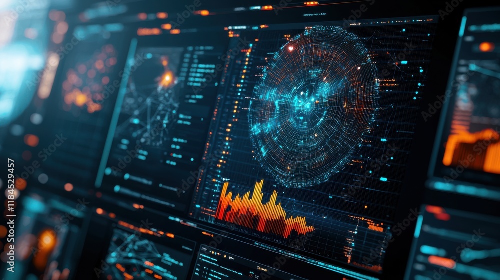 Poster dynamic futuristic data visualization interface with holographic chart and infographic elements