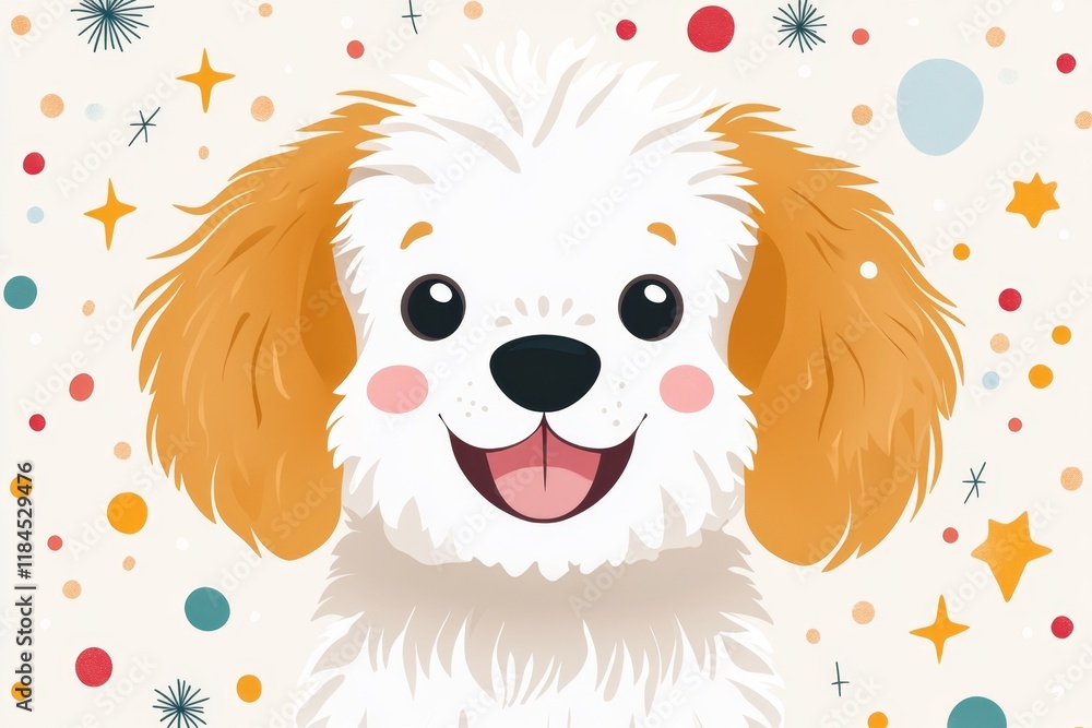 Poster a flat design of a shih tzu puppy face, featuring exaggerated round eyes and soft neutral colors