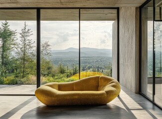 A large yellow couch is sitting in a room with a view of mountains