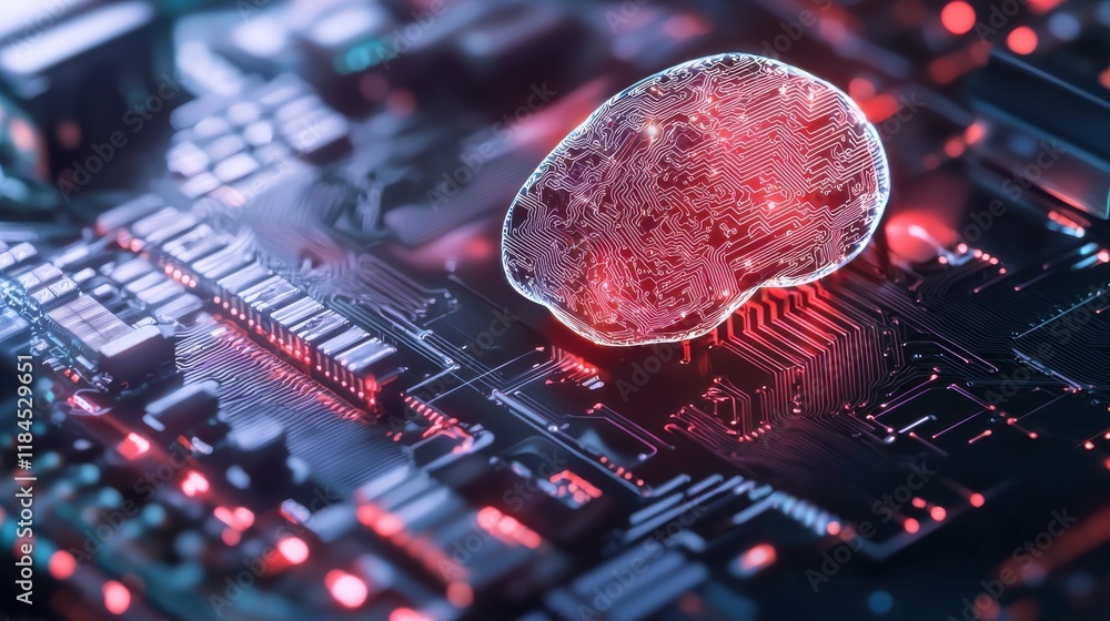 Poster glowing red microchip circuit on futuristic digital technology background