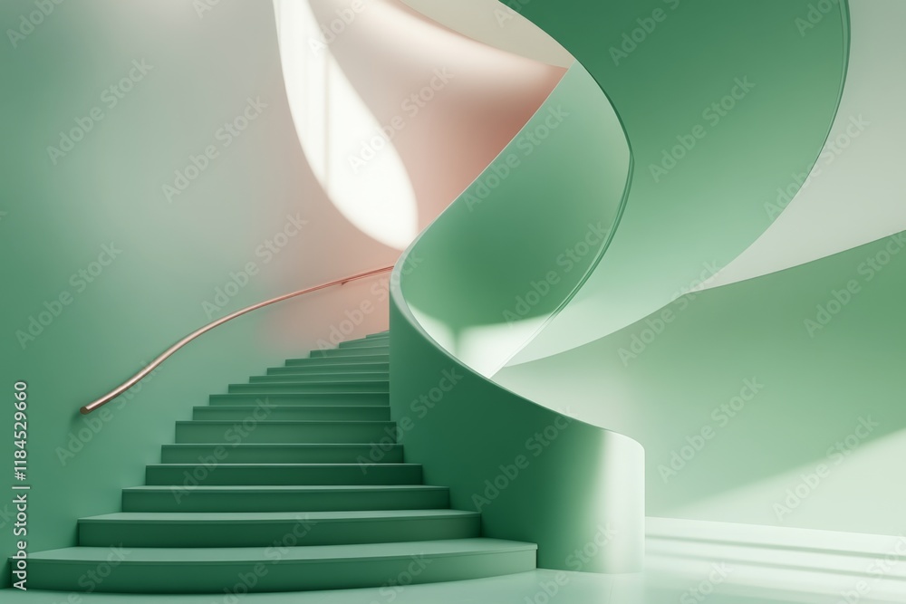 Poster a flat design of a thai ubosot naga staircase, using minimal details and a soft color palette